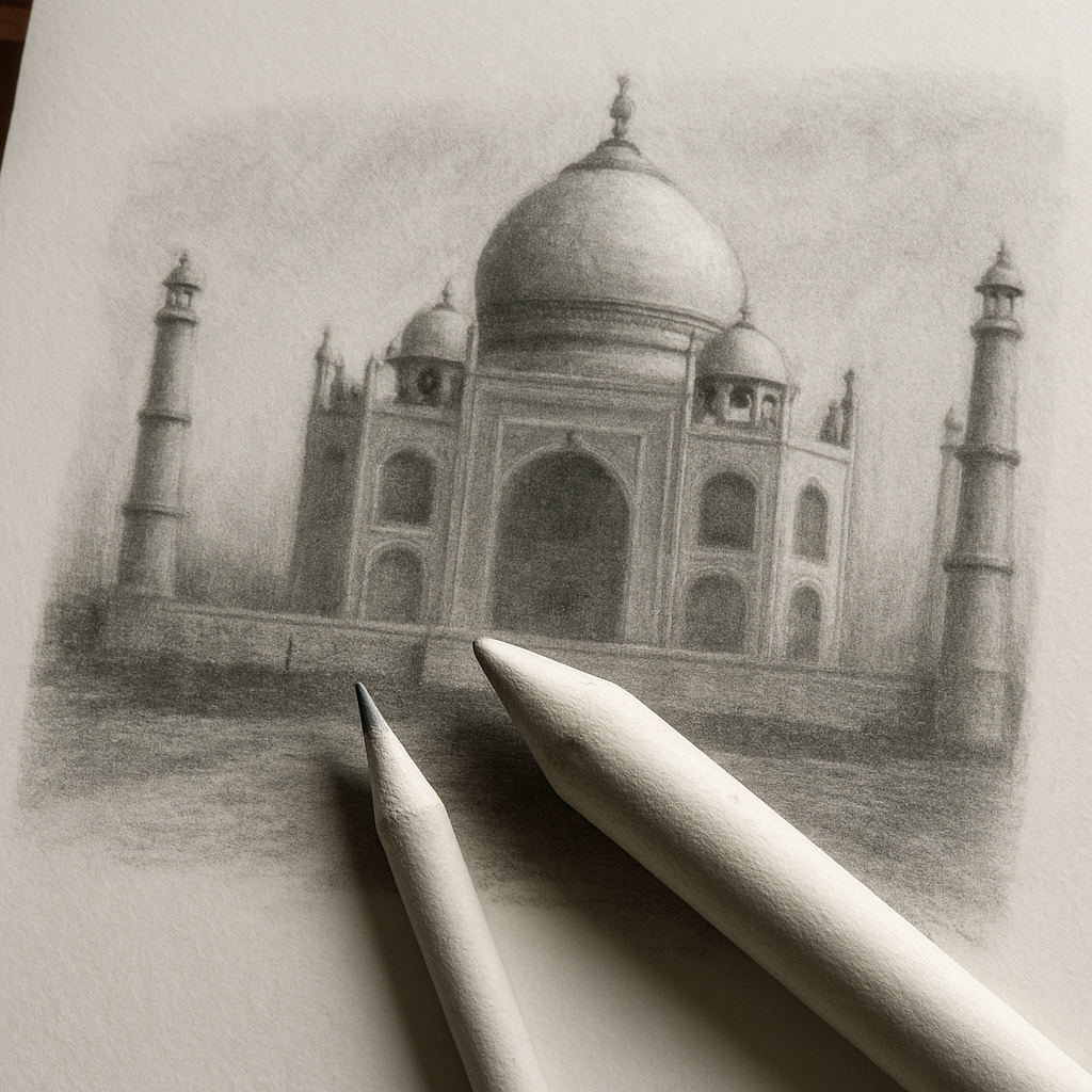 A photorealistic close‑up of a drawing desk with a side‑by‑side comparison of a tiny tortillon tip next to a larger blending stump, both resting on a sheet of heavyweight Bristol paper with a partially shaded charcoal sketch of an Indian landmark, Realism style, Alt: tortillon vs blending stump comparison for artists