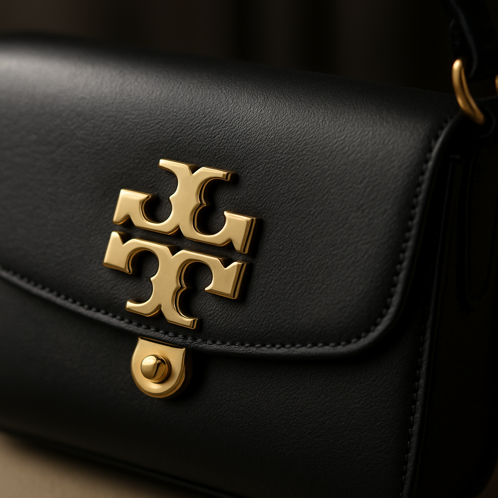 A close‑up of the Tory Burch black shoulder bag’s gold hardware, buttery leather, and interior stitching. Alt: tory burch black shoulder bag design details craftsmanship