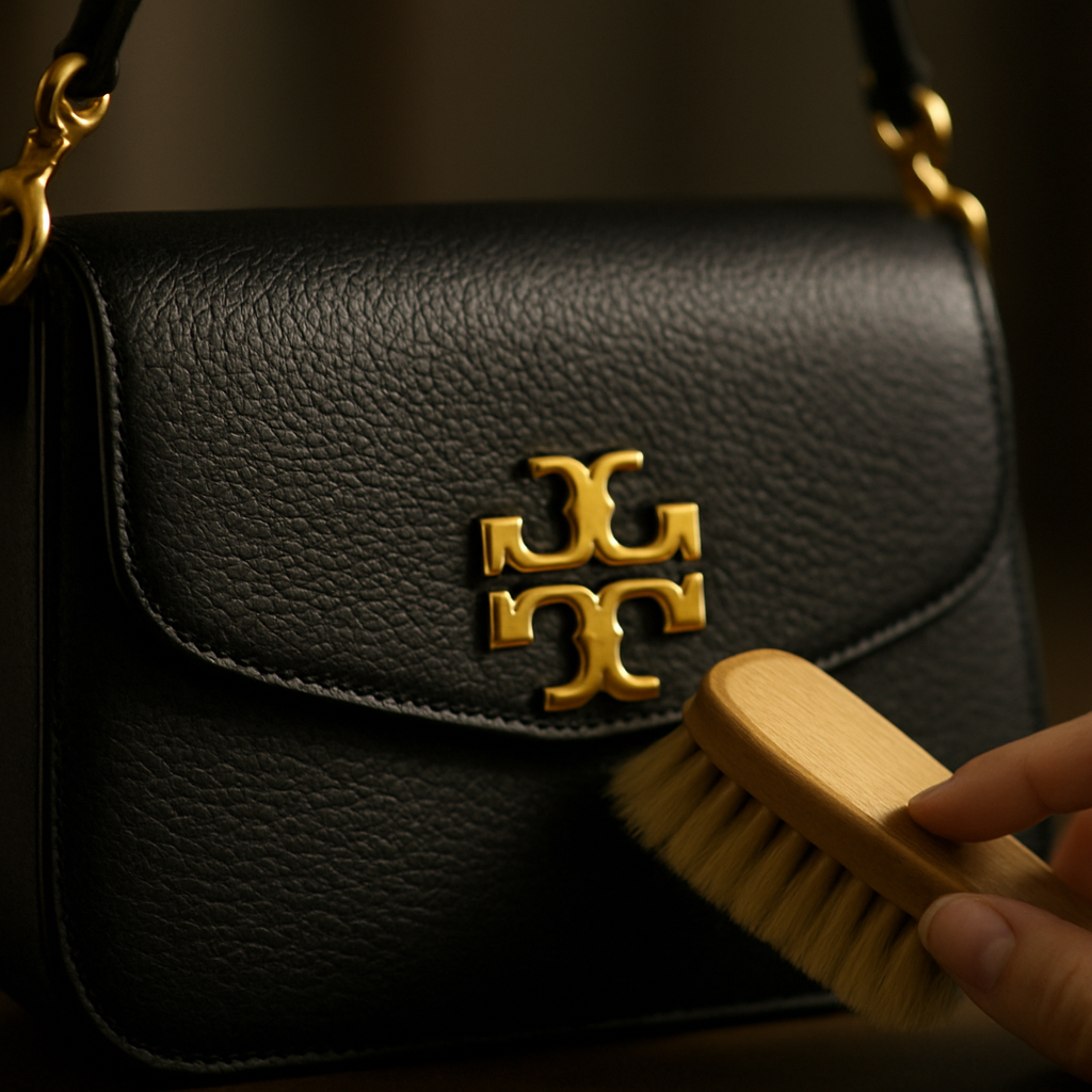 A close‑up of a tory burch black shoulder bag being gently brushed with a soft brush, showing the leather grain and gold‑tone hardware. Alt: Caring for Tory Burch black shoulder bag, cleaning and maintenance.