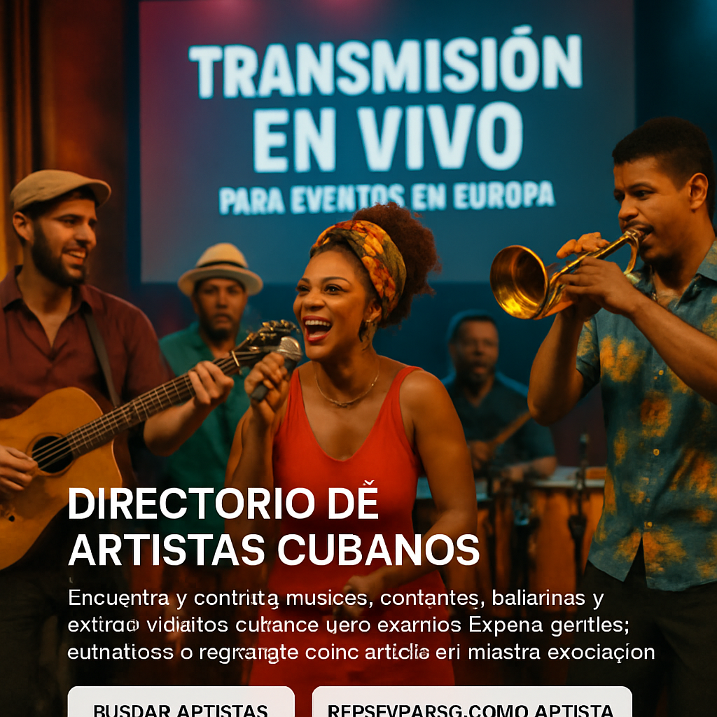 A vibrant scene of a Cuban salsa band performing on stage, streamed live to a European audience. Alt: transmisión en vivo de banda cubana para eventos en Europa.