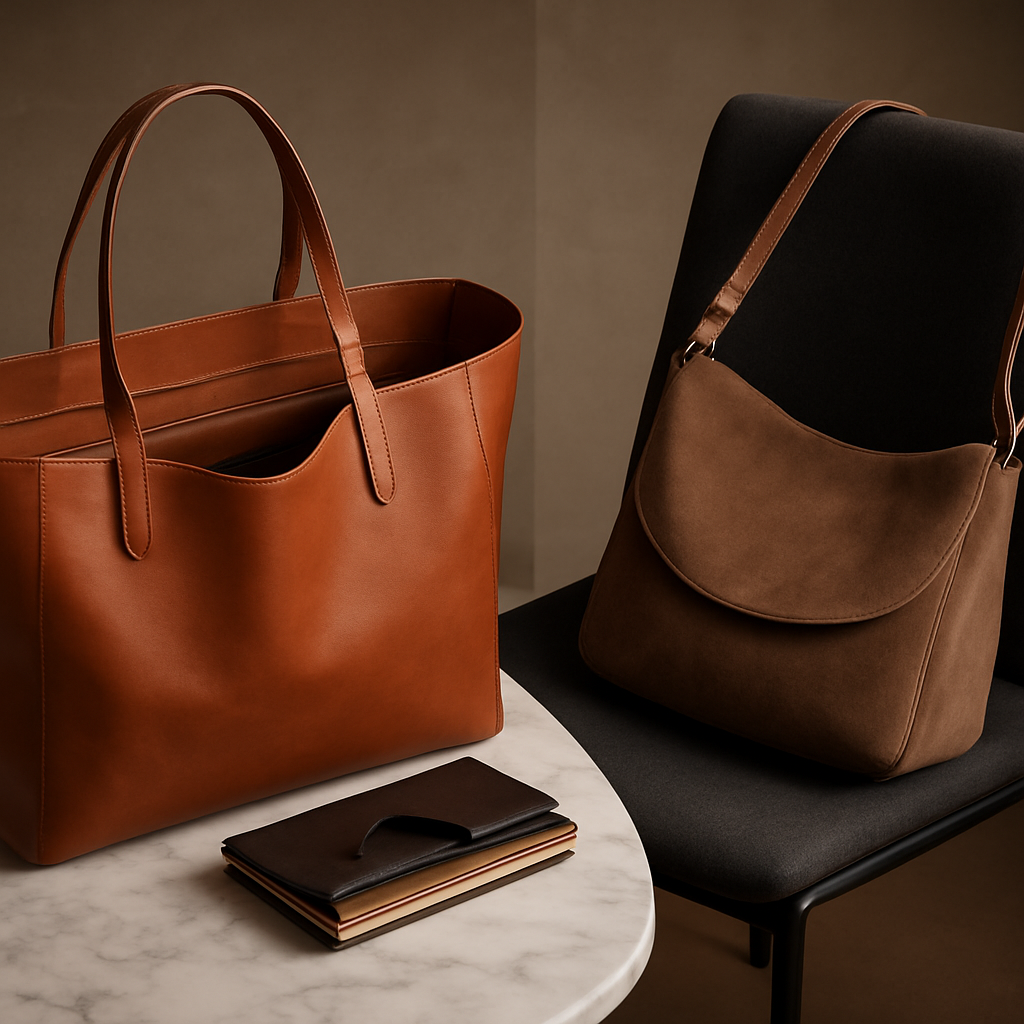 A luxurious leather tote bag open on a marble desk beside a sleek suede shoulder bag on a modern chair. Alt: tote bag vs shoulder bag design capacity comparison luxury fashion