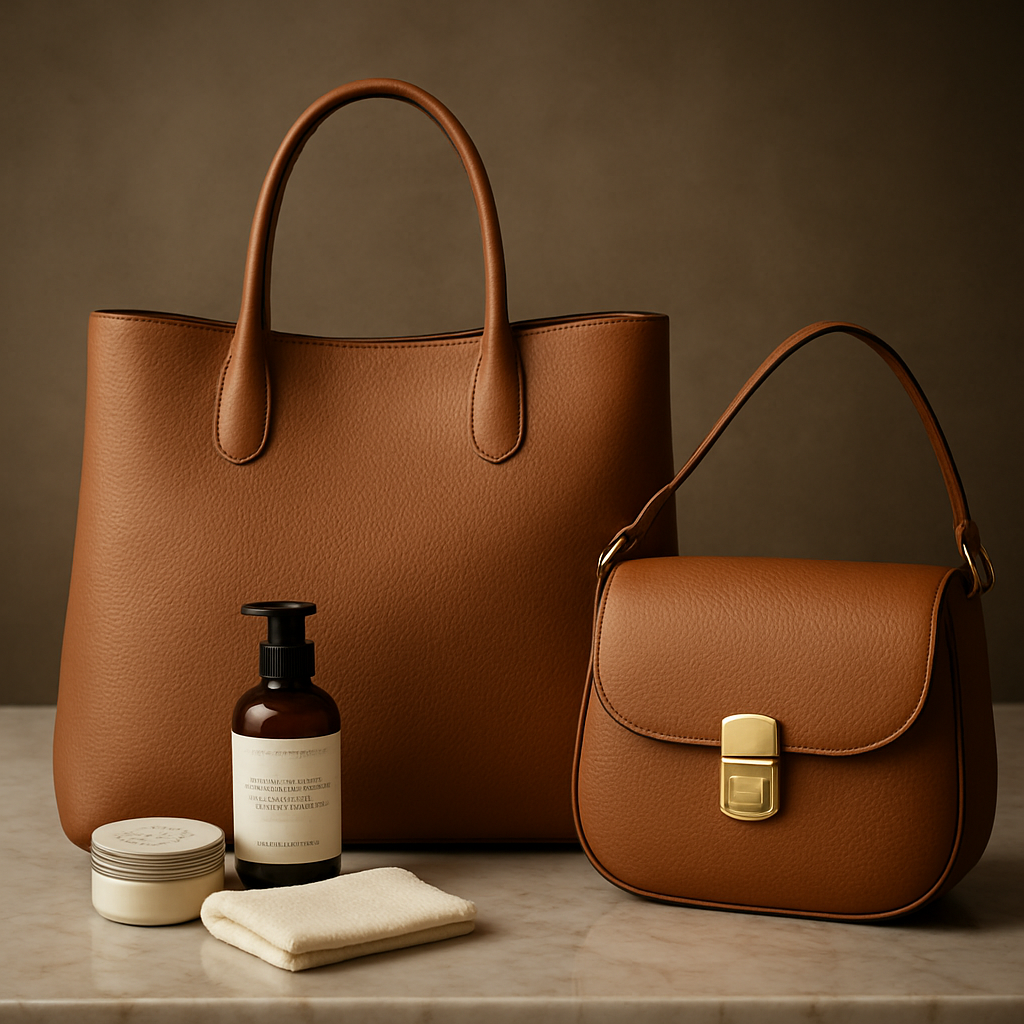 A luxury tote and shoulder bag side by side on a marble countertop, showing leather texture and sustainable care products. Alt: tote bag vs shoulder bag practical care and sustainability