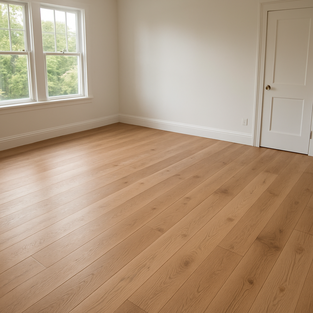 Une pièce lumineuse avec un plancher de bois franc fini en mat, mettant en valeur la texture naturelle du bois sans reflets. Alt: Finition mate pour plancher de bois franc naturelle et élégante sans brillance.
