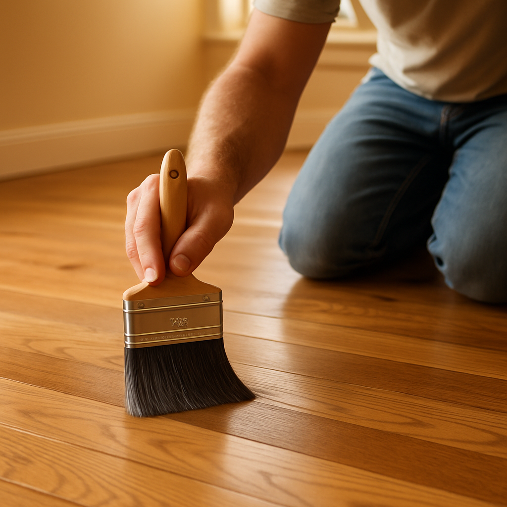 Une personne appliquant soigneusement une finition mate sur un plancher de bois franc avec un pinceau professionnel, l’ambiance est chaleureuse et lumineuse. Alt: Application de la finition mate pour plancher de bois franc étape par étape.