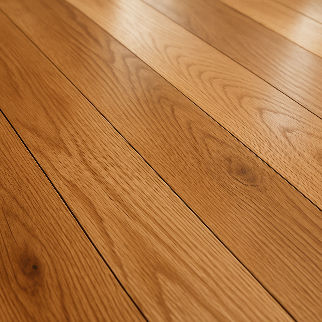 Gros plan sur un plancher en bois franc fraîchement teint sans odeur, mettant en valeur la texture naturelle du bois avec une lumière douce. Alt: Teinture à plancher sans odeur donnant un fini naturel et lumineux au bois franc.