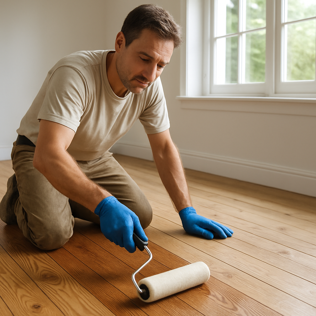 Un artisan appliquant délicatement une teinture à plancher sans odeur avec un rouleau, mettant en valeur la texture naturelle du bois et l’ambiance lumineuse d’une pièce bien ventilée. Alt: Application professionnelle de teinture à plancher sans odeur pour une finition parfaite.