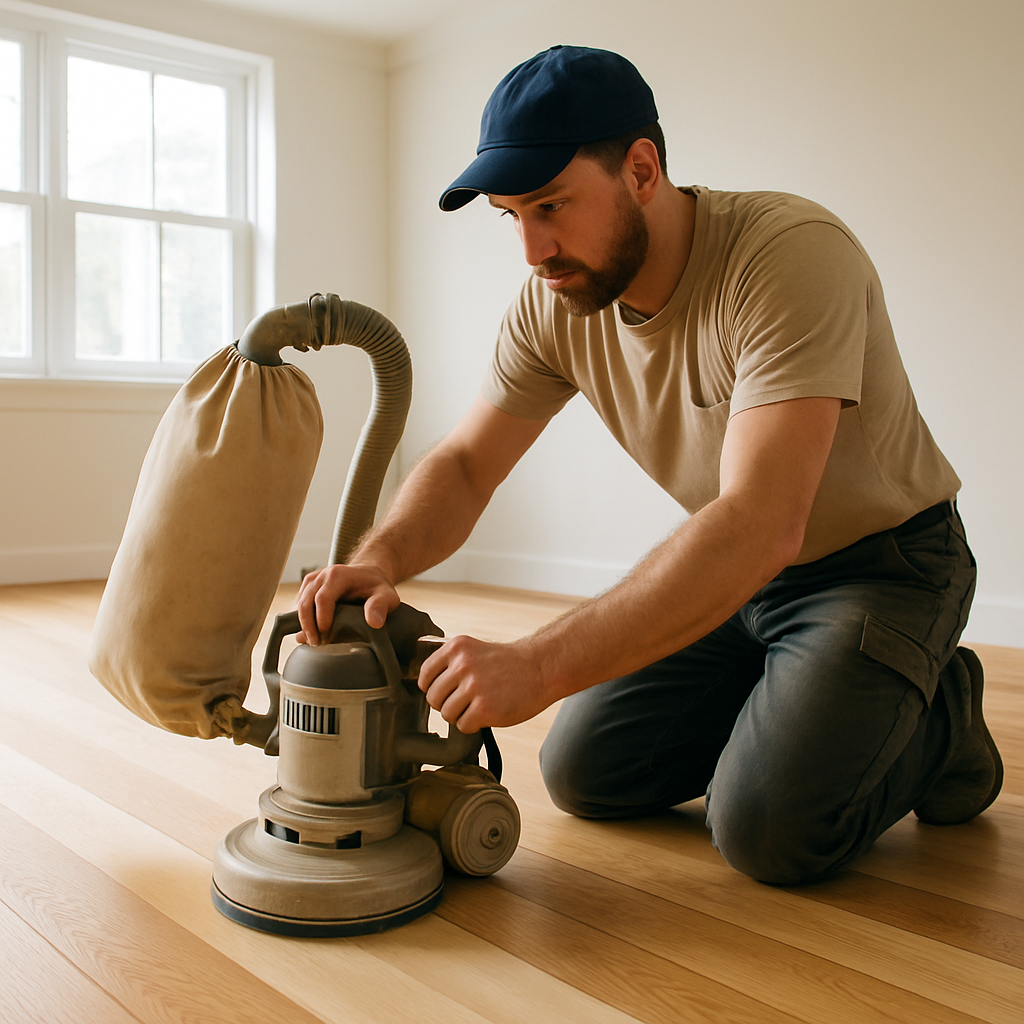 Un artisan ponçant et préparant minutieusement un plancher en bois avant l’application d’une teinture sans COV adaptée aux enfants, dans une pièce lumineuse et aérée. Alt: Préparation plancher bois avant teinture sans COV pour enfants.