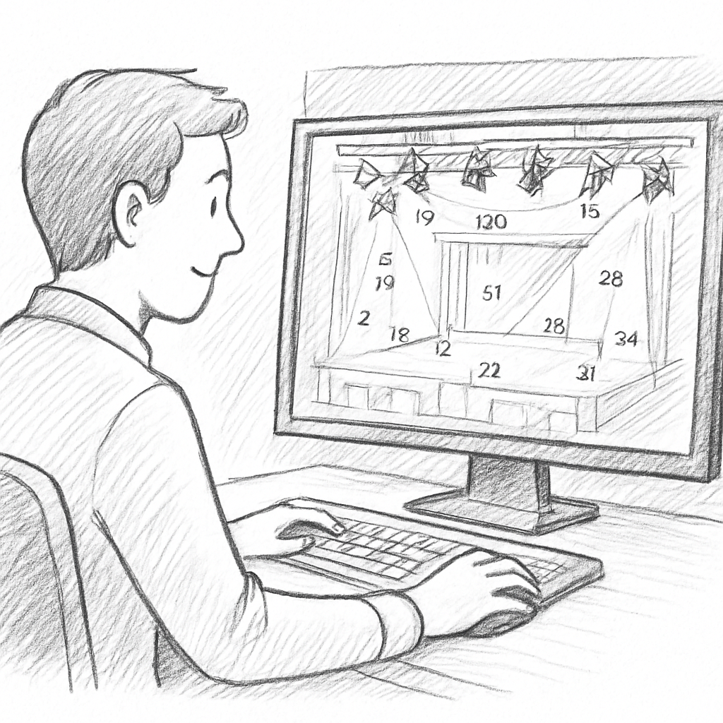 A technician sitting at a computer, configuring a lighting plot on a screen showing a 3D stage view with DMX channel numbers overlayed. Alt: Installation et configuration du logiciel plan de feu, visualisation DMX 16 bits et RDM.