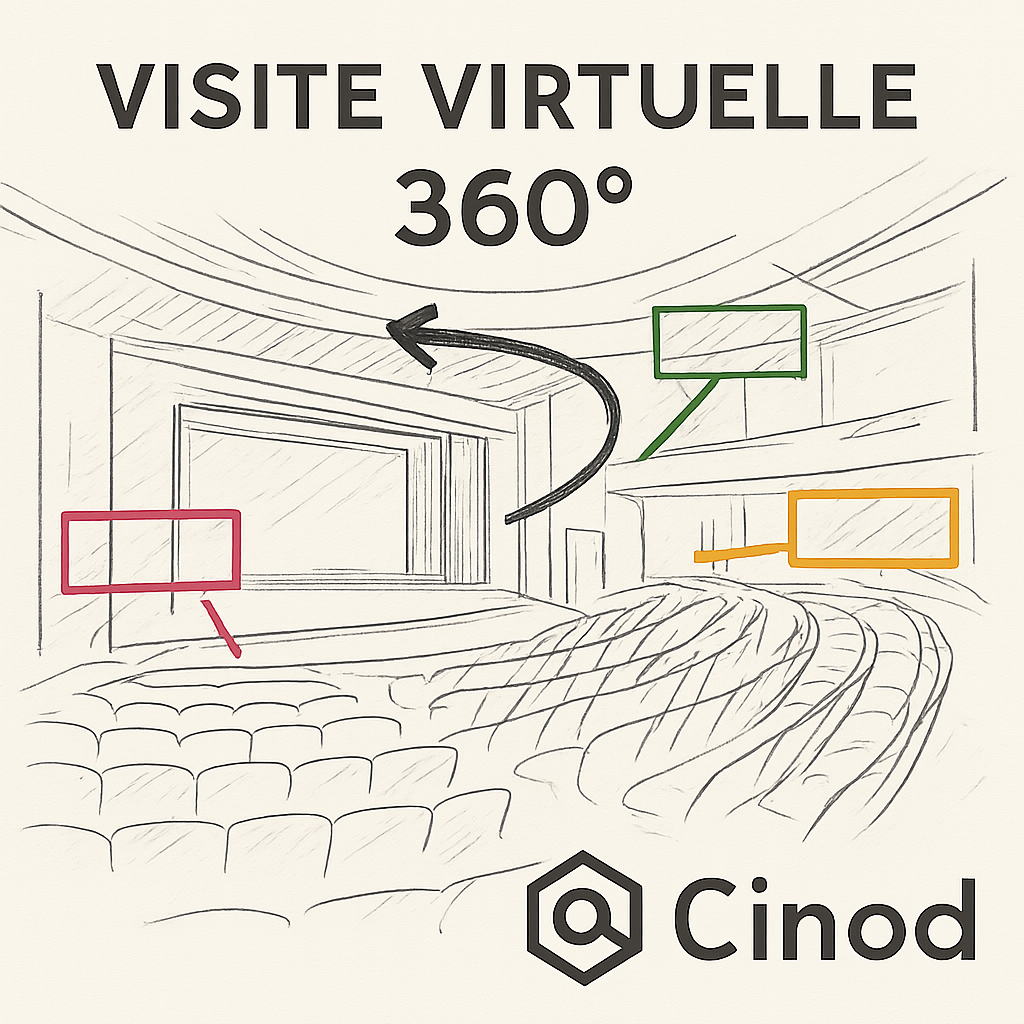 Une capture d’écran d’une visite virtuelle 360° montrant des annotations colorées sur le plan d’une salle de concert, avec le logo Cinod en surimpression. Alt: visite virtuelle 360° annotation salle de spectacle