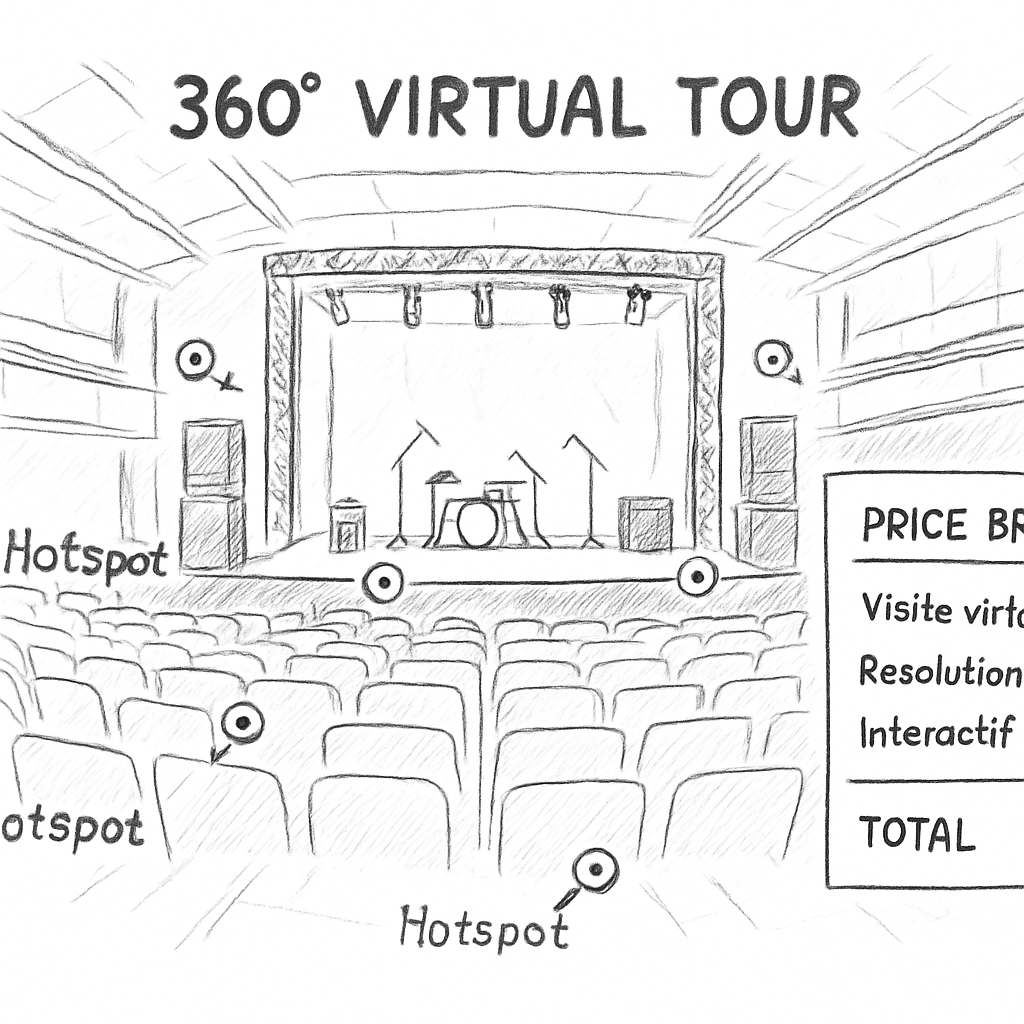 A high‑resolution 360° virtual tour of a concert venue with annotated hotspots, stage plot overlay, and a price breakdown chart. Alt: prix visite virtuelle 360, résolution, interactivité, localisation