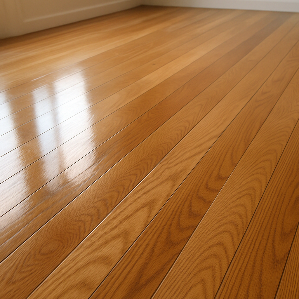 Un plancher de bois franc verni avec un vernis à base d’eau, mis en valeur par une lumière naturelle douce. Alt: Plancher de bois franc verni entretenu avec un vernis à base d’eau pour plancher de bois franc.