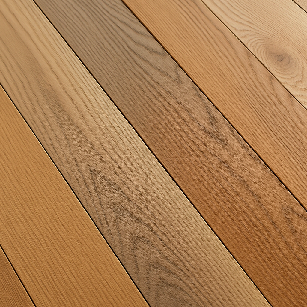 Vue rapprochée de planchers en bois franc avec différents types de finitions ultra mates. Alt: Vernis plancher ultra mat pour bois franc montrant diverses textures et finitions.