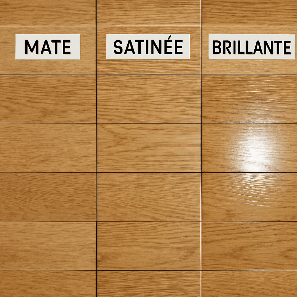 Illustration montrant trois types de finitions de plancher — mate, satinée et brillante — avec leurs effets de lumière distincts sur un plancher en bois franc. Alt: Vernis polyuréthane à base d'eau pour plancher avec finitions mate, satinée et brillante.