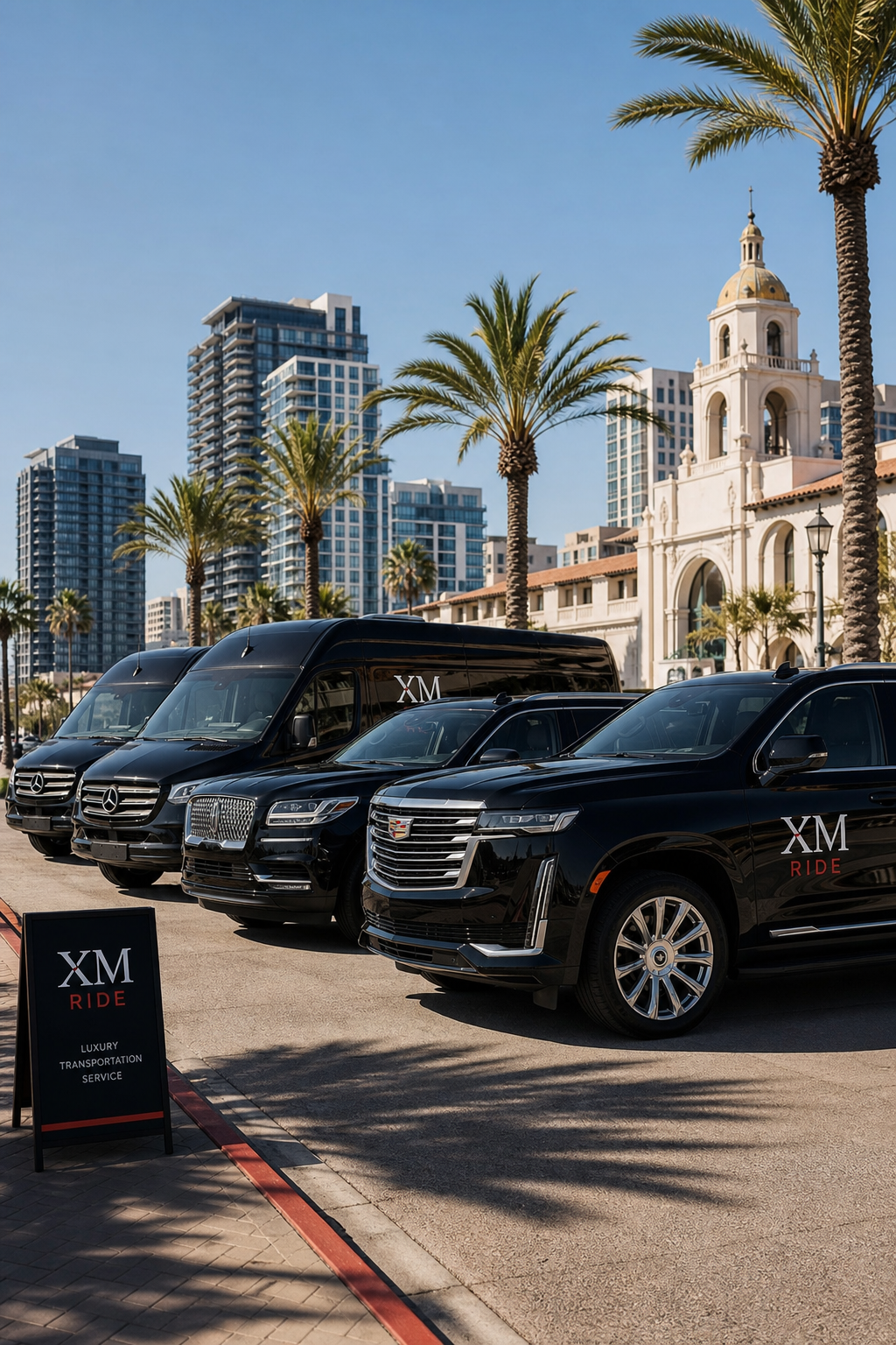 A photorealistic lineup of XM Ride's luxury vehicles in a sunlit San Diego street, showing SUVs and Mercedes Sprinter vans. Alt: Luxury fleet in San Diego