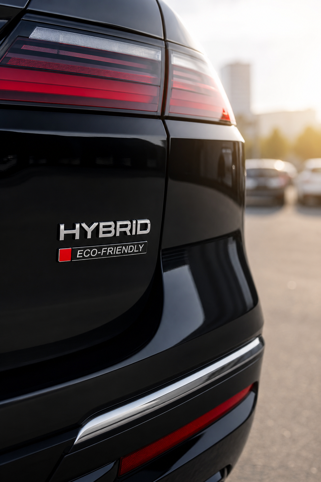 Close‑up of a hybrid badge on a luxury SUV in a sunlit lot. Alt: Eco‑friendly badge on car
