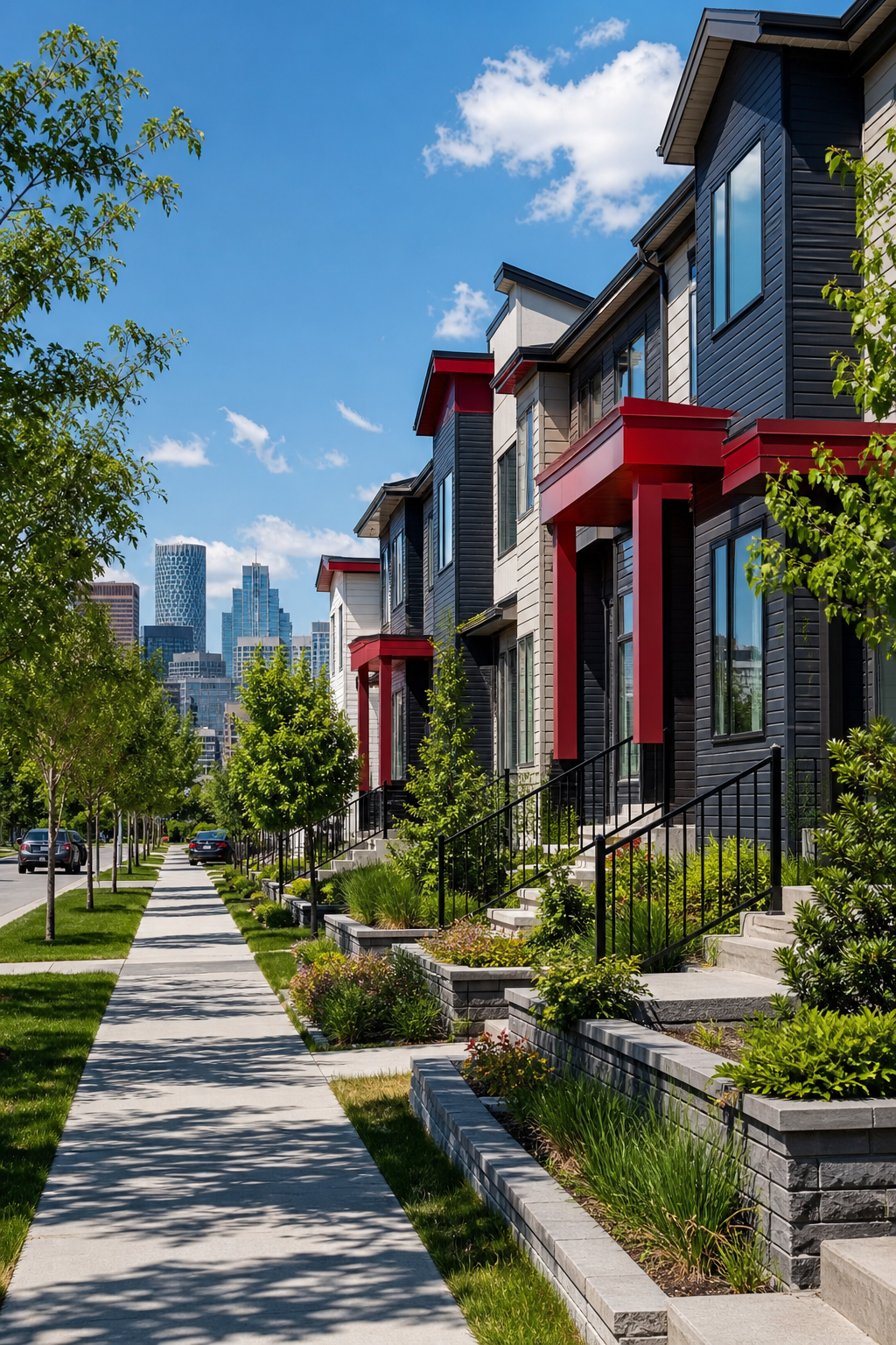 A realistic street view of a Calgary neighbourhood with modern townhomes, sunny sky, trees lining the road, and a subtle overlay of the DreamHouse Realty logo in the corner. Alt: Calgary townhome neighbourhood , DreamHouse Realty resource