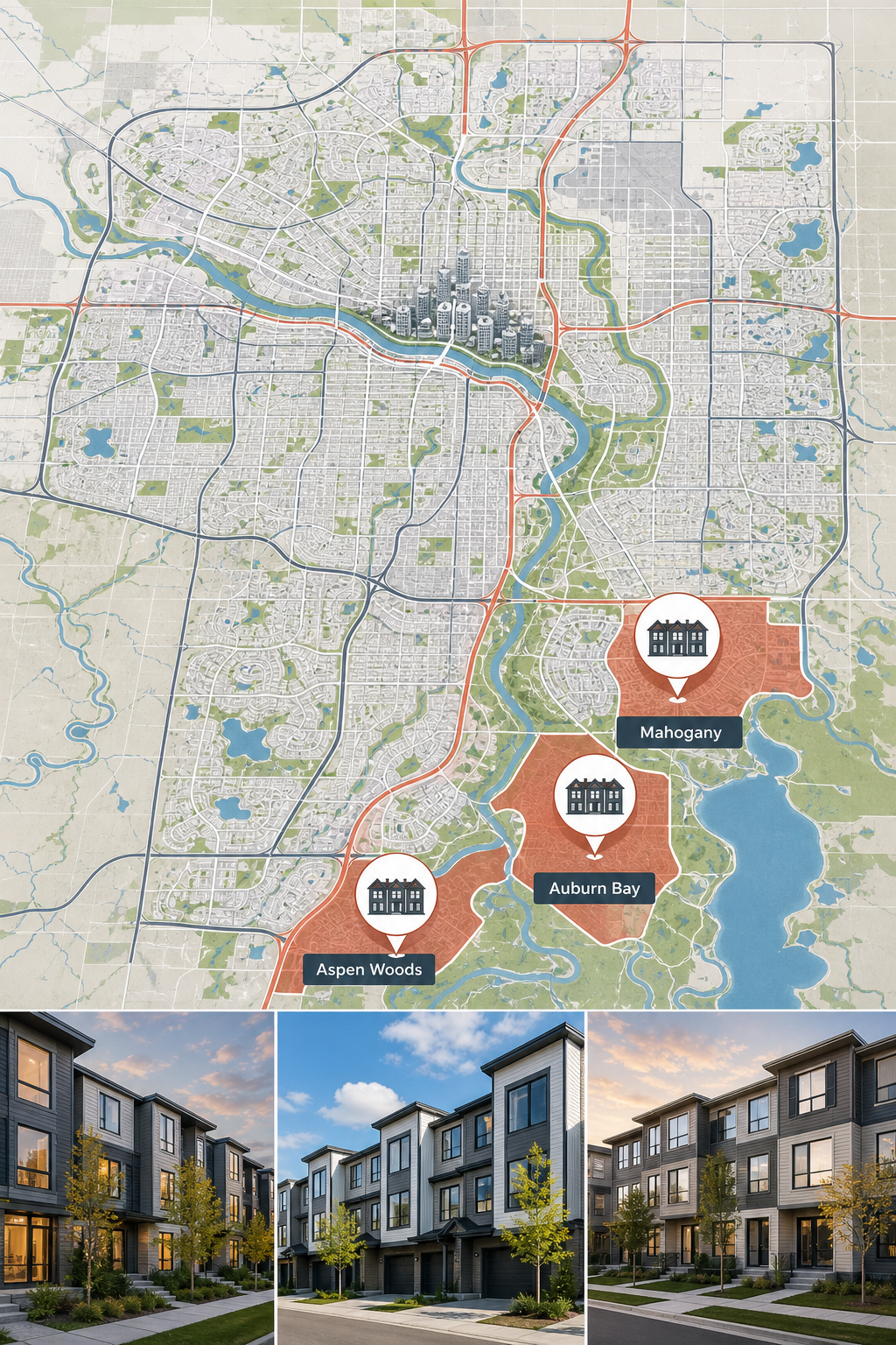 An illustrated map of Calgary with highlighted neighborhoods like Mahogany, Auburn Bay, and Aspen Woods, overlaid with icons representing townhome clusters. Alt: Calgary townhome market map visualization