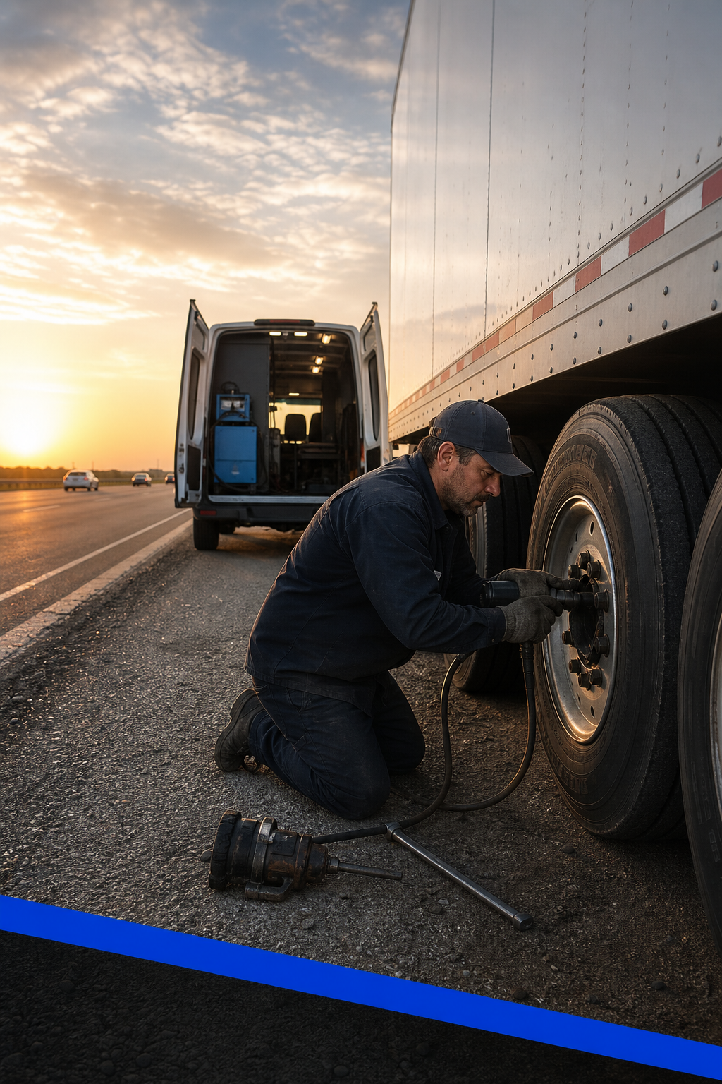 A photorealistic featured-image title card for tractor trailer tire repair, showing a mobile tire technician kneeling beside a large semi-truck tire on a Texas highway shoulder at golden hour, with clean open space for typography and a bold blue (#0033FF) accent stripe. Alt: Tractor trailer tire repair mobile service truck on a Dallas highway.