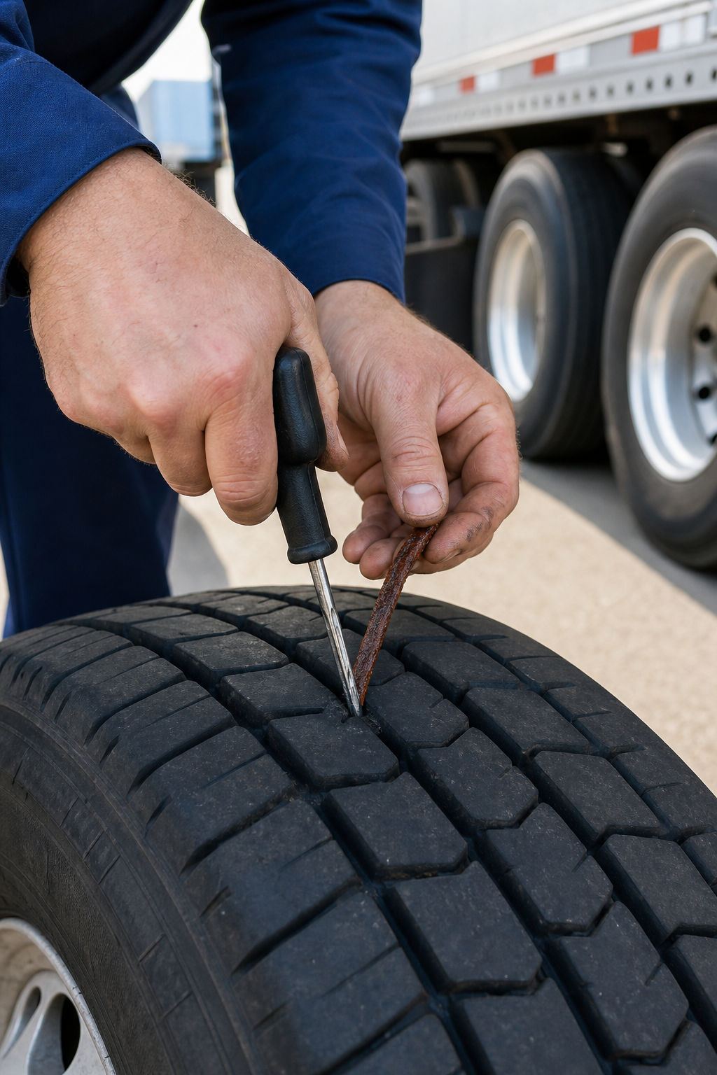 A photorealistic close-up of hands using a tire plug kit on a large semi-truck tire tread, reamer and sticky rubber plug strip visible, daylight roadside setting. Alt: DIY plug kit method for tractor trailer tire repair on a tread puncture.