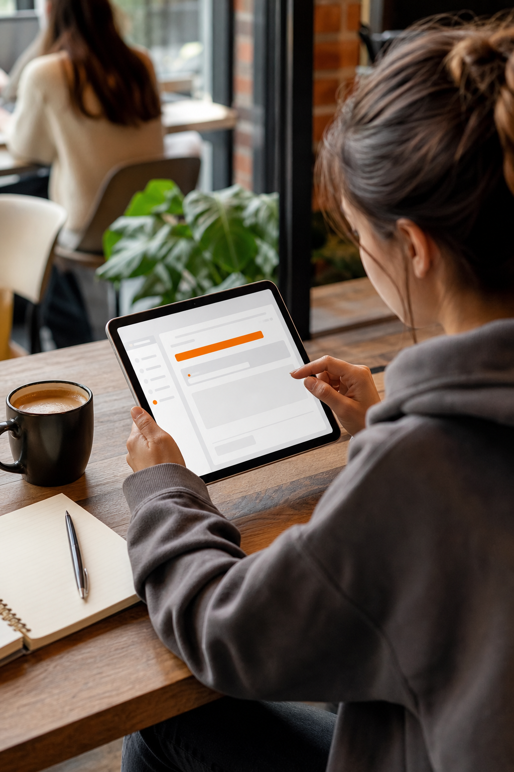 A student using an LMS mobile app on a tablet while sitting in a coffee shop. Alt: Absorb LMS mobile learning app