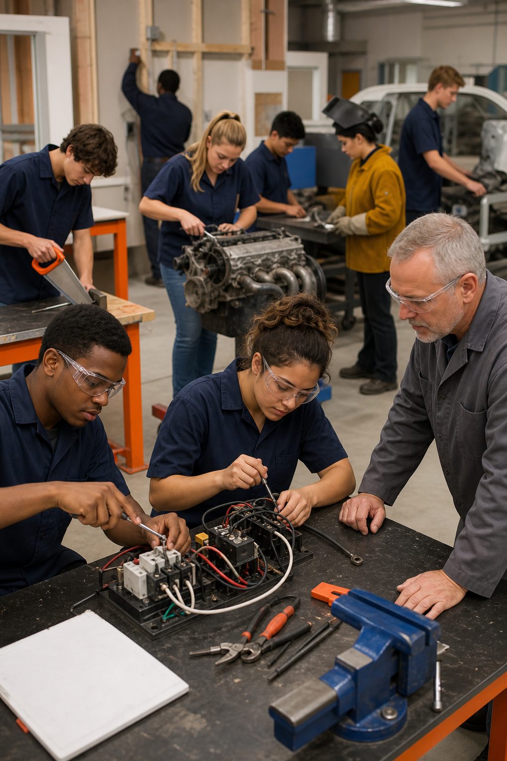 A diverse group of vocational students in a workshop setting with instructors, realistic photography, highlighting the variety of programs and the need for organized training management