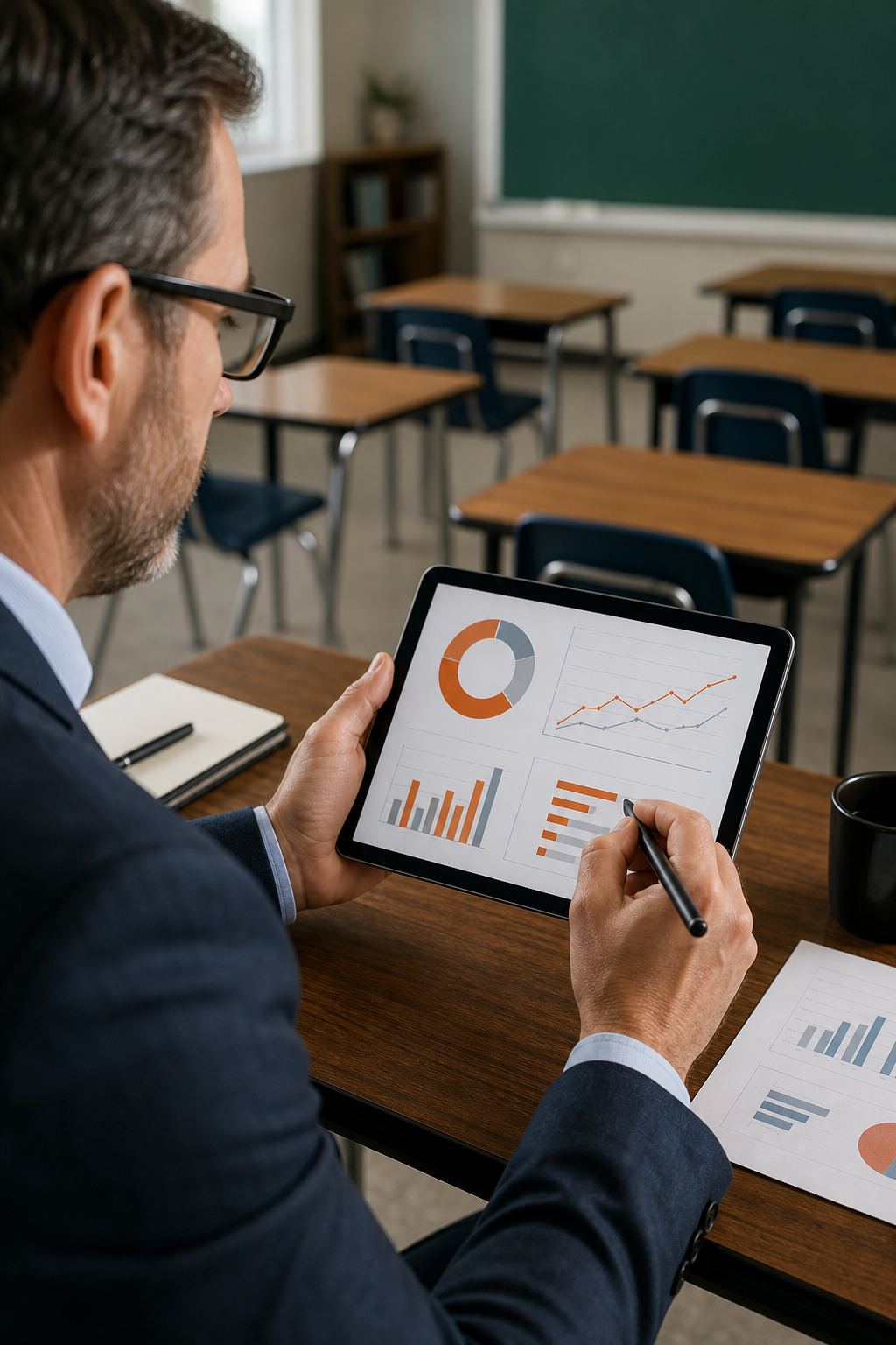 A financial advisor reviewing cost analysis charts on a tablet, with a school desk in the background, realistic style, representing ROI evaluation for software investment