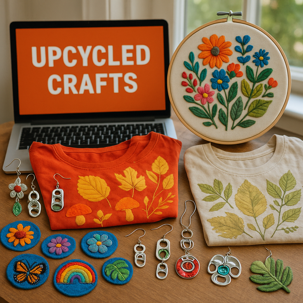 Vibrant upcycled crafts including embroidered patches, aluminum can jewelry, and eco-printed clothing. Alt: Online upcycling crafts workshop showcasing diverse sustainable art projects.