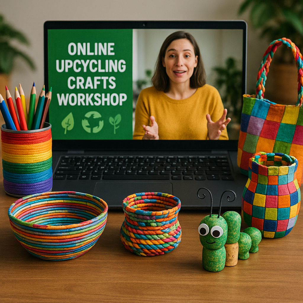 Colorful upcycled crafts displayed in an online class setting, featuring sustainable materials and vibrant handmade products. Alt: Online upcycling crafts workshop showcasing sustainable creative projects and environmental impact.