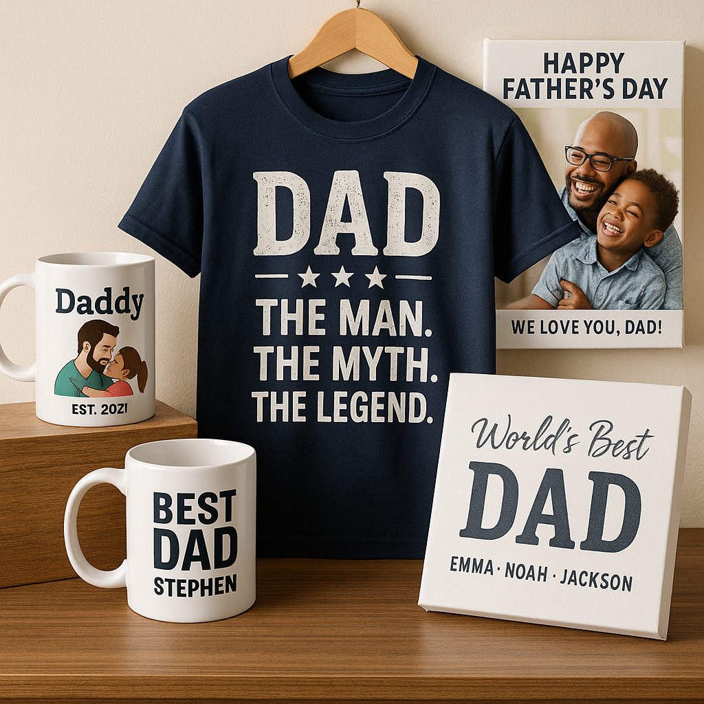A collection of diverse personalized Father’s Day gifts including mugs, t-shirts, and canvas prints on display. Alt: Assorted personalized Father’s Day gifts showcasing customization options and styles