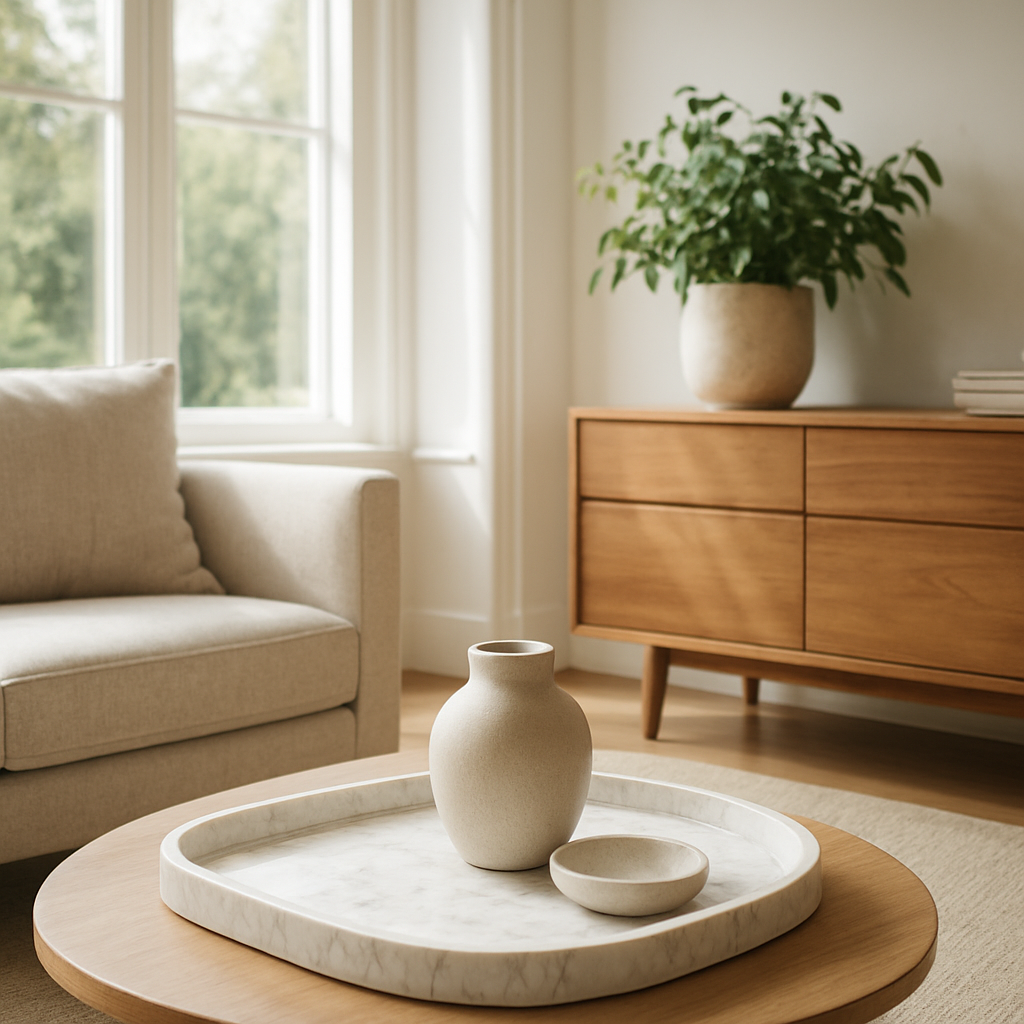 A bright, airy living room with a sleek marble tray, a lush green planter on a wooden sideboard, and soft natural light streaming through large windows. Alt: Transform your Home with stylish accessories and bespoke furniture.