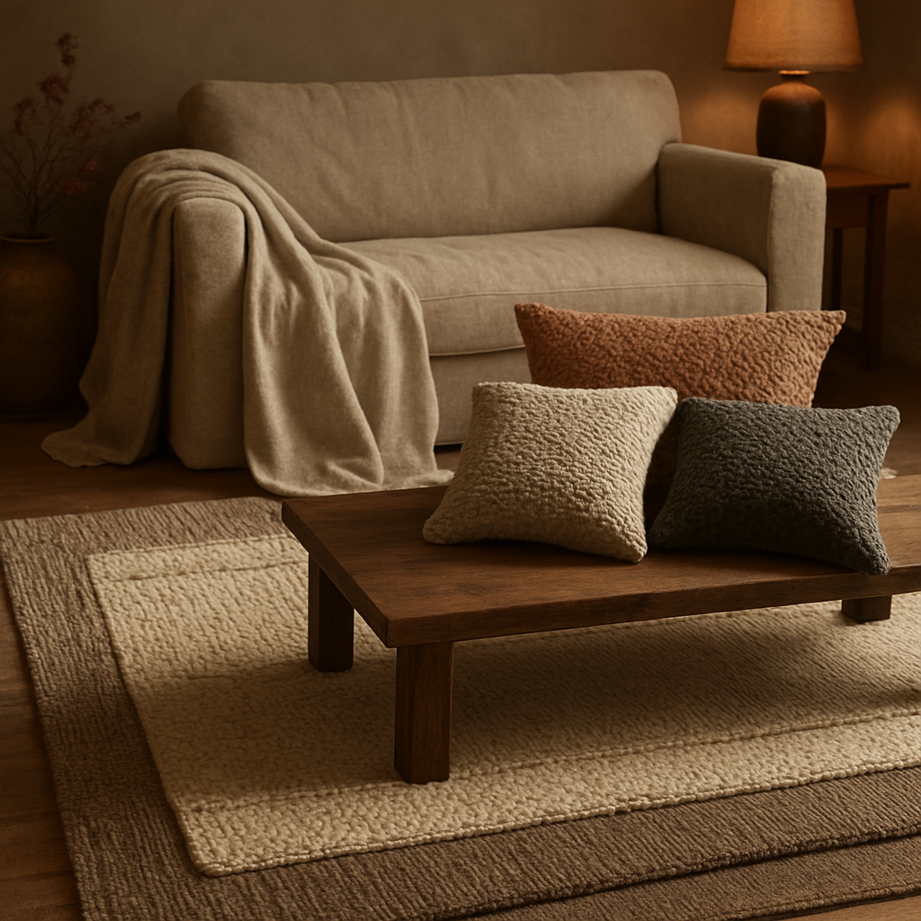 A cozy living room scene with a layered wool rug, a linen throw draped over a sofa, and assorted textured pillows on the coffee table. Alt: Layered textiles add warmth and personality to transform your home.