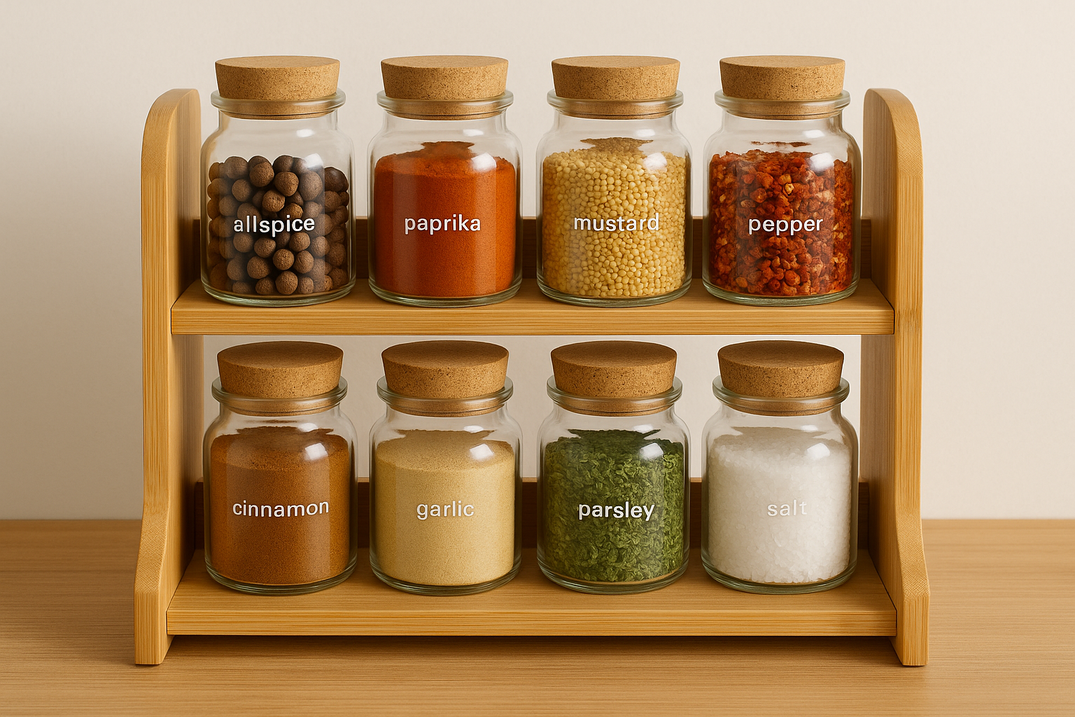 A well-organized bamboo spice rack with various spices in jars. Alt: Bamboo spice rack organizer with spices and eco-friendly design.
