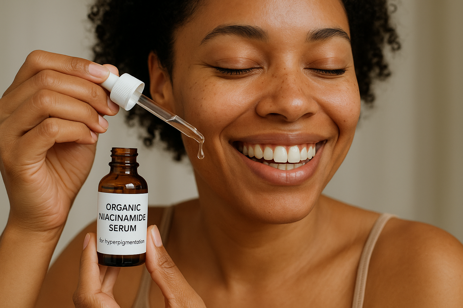 A descriptive prompt for an AI image generator, related to testimonials on skincare products. Alt: Happy customer using organic niacinamide serum for hyperpigmentation.