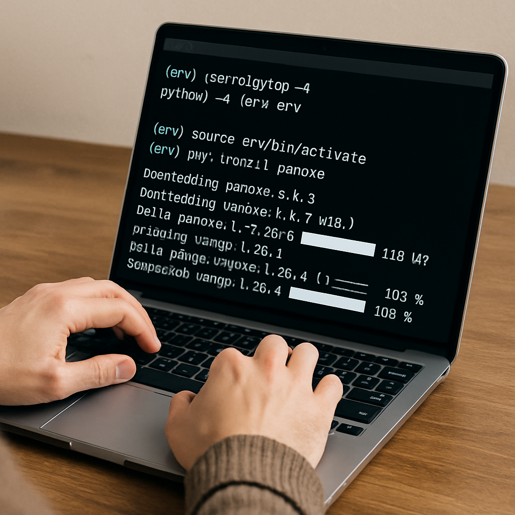 A developer setting up a Python virtual environment on a laptop, with terminal showing pip install commands. Alt: How to set up Python environment for pandas