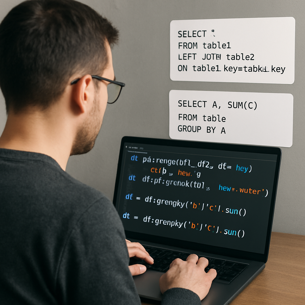 A developer at a laptop, screen showing pandas DataFrames being merged and aggregated, with SQL query snippets floating nearby. Alt: Visual guide to handling joins and aggregations in pandas while translating SQL queries to pandas code.