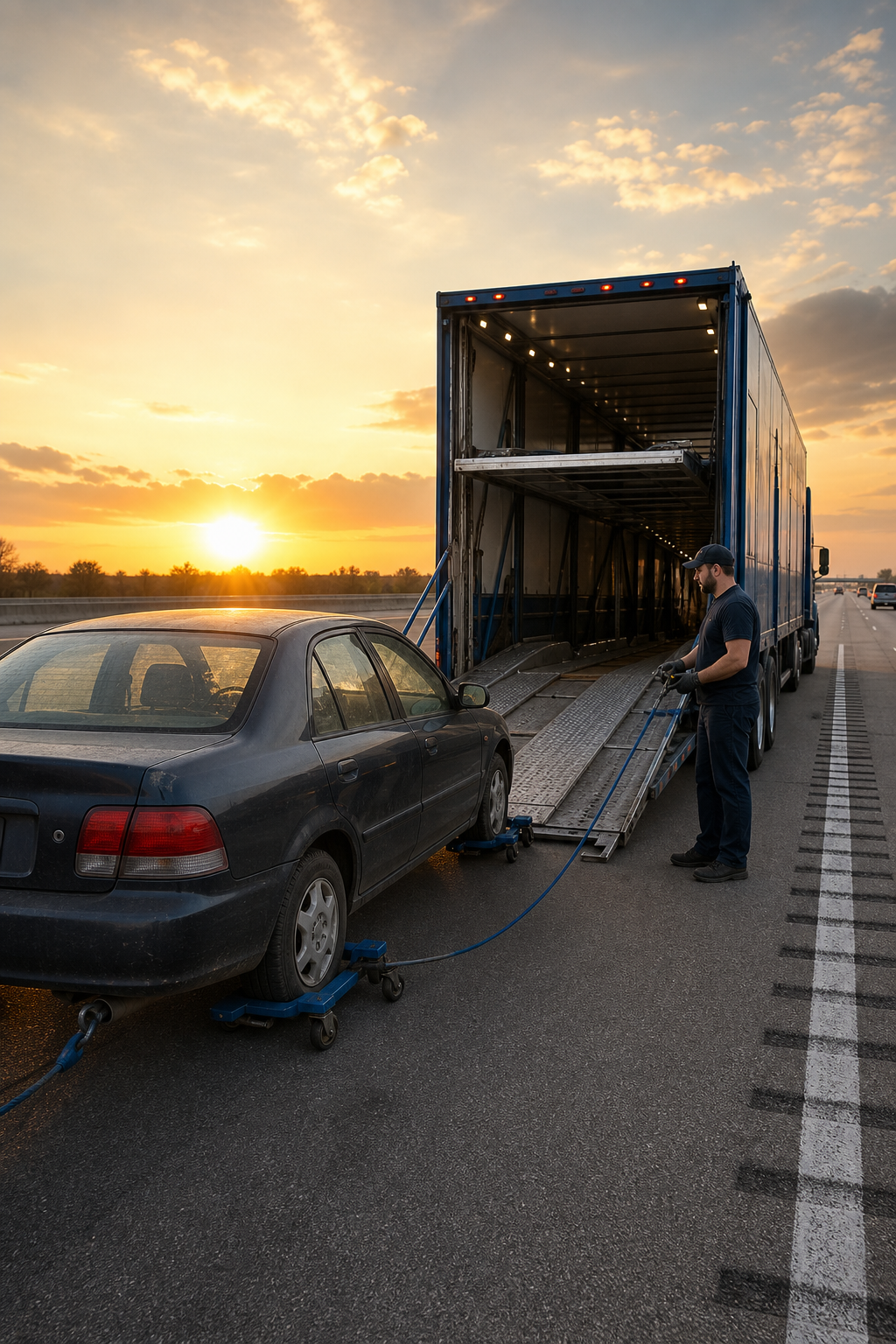 A realistic scene of a car carrier truck on a wide American highway at golden hour, loading a non-running sedan using a winch and wheel skates, with an open transport trailer in the background. The brand color #4981CA appears as an accent on the carrier signage. Alt: professional car transport service loading a non-running car onto an open carrier trailer.