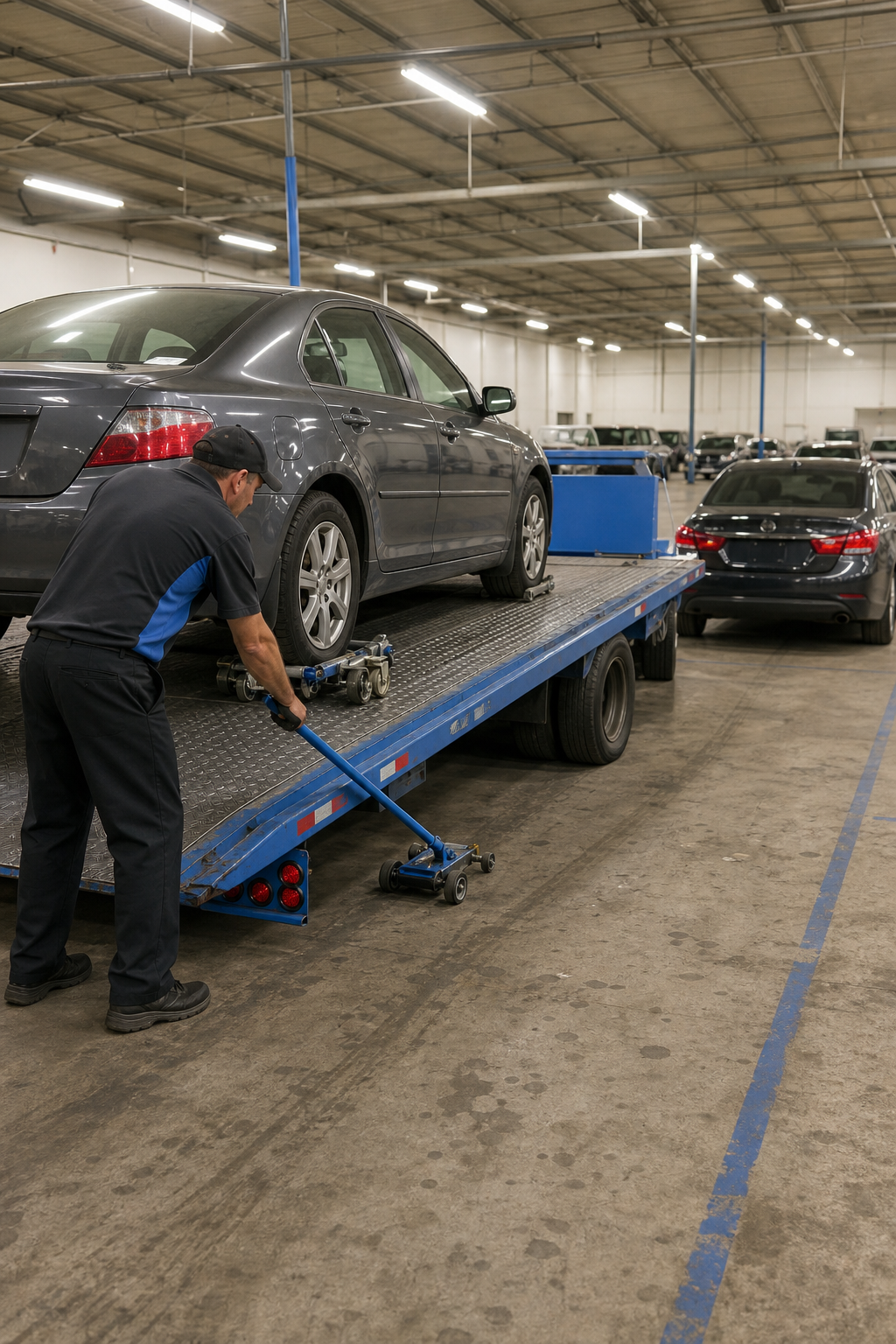A realistic scene inside a vehicle auction yard, showing a specialty transport driver using wheel skates to load a non-running sedan onto a flatbed trailer. A second vehicle is staged nearby awaiting pickup. The scene is industrial with concrete floors and fluorescent lighting. Alt: specialty carrier loading a non-running auction vehicle using wheel skates at a dealer lot.