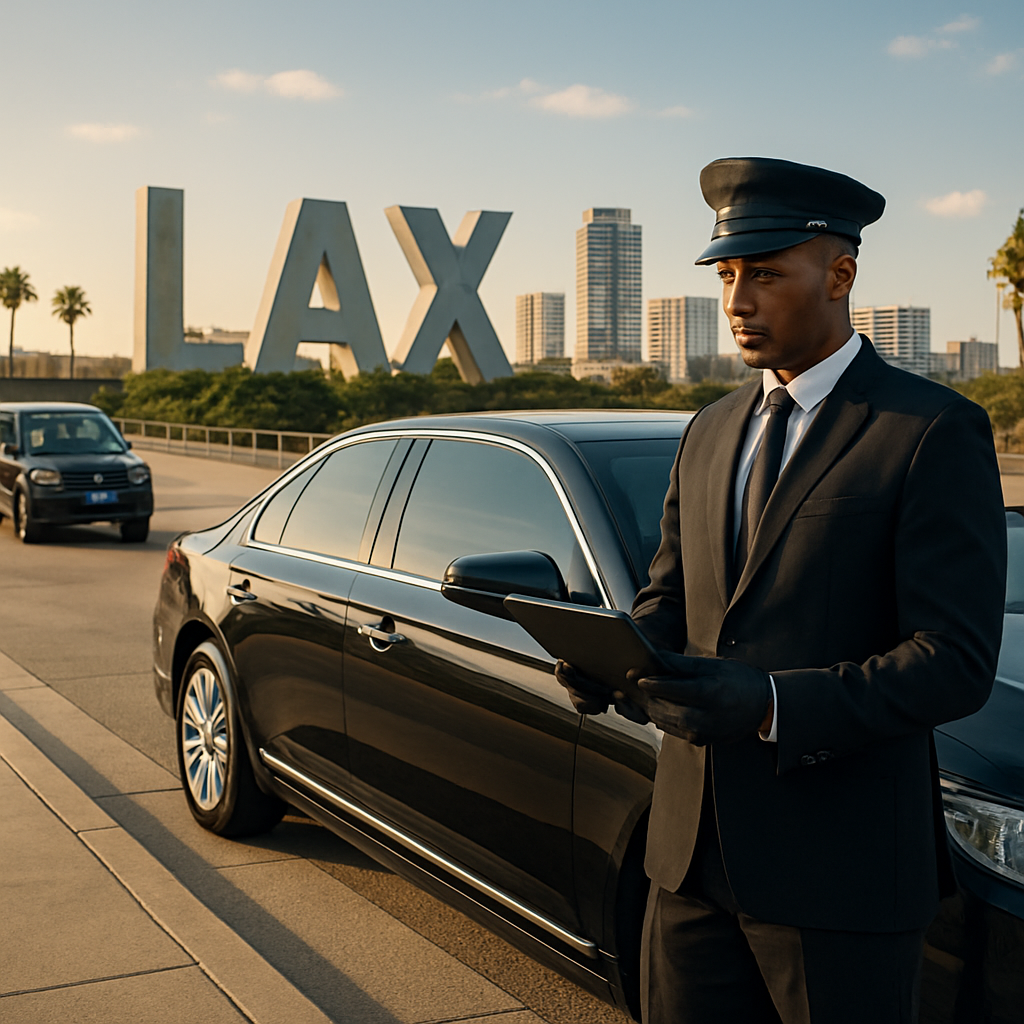 A sleek limousine parked outside LAX, the driver holding a tablet, with a sunlit Long Beach skyline in the background. Alt: Luxurious car service at Los Angeles airport