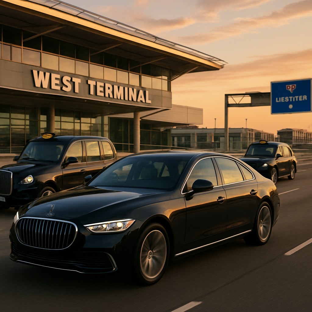 A sleek black luxury sedan pulling out of LAX’s West Terminal onto I‑105, sunset lighting the chrome, a calm driver ready to head to Long Beach. Alt: Luxury car departing LAX to Long Beach.