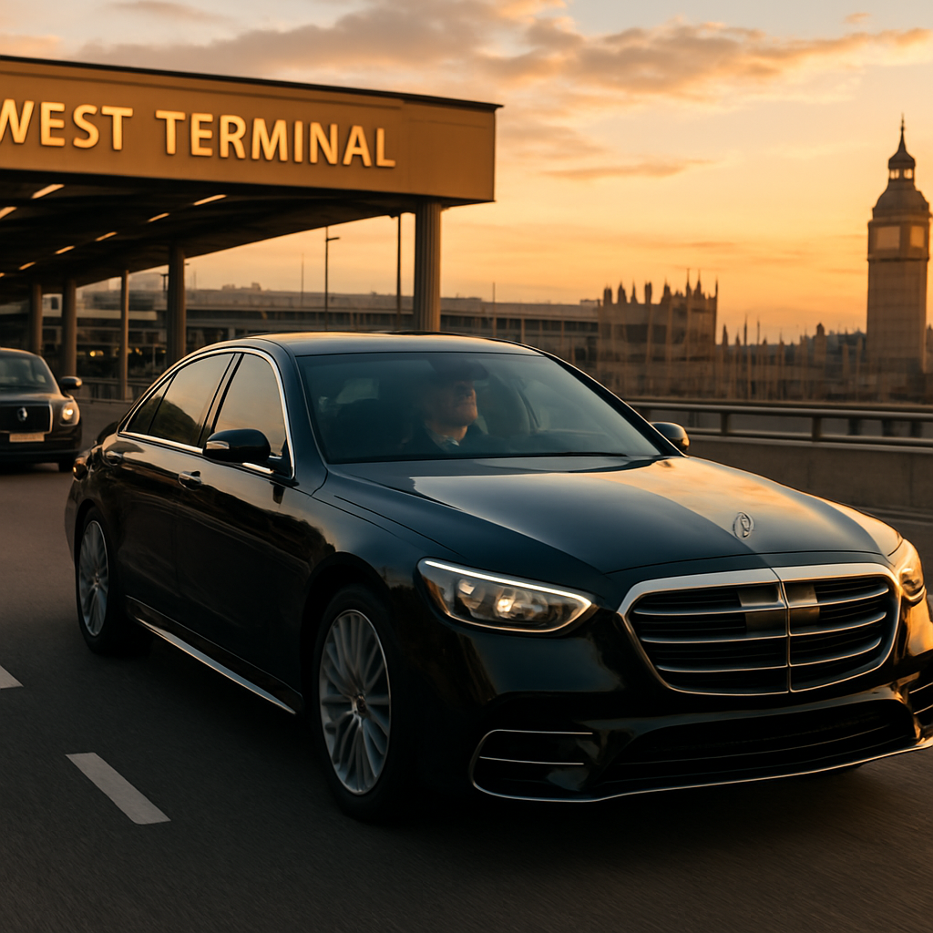 A sleek black luxury sedan pulling out of LAX’s West Terminal onto I‑105, sunset lighting the chrome, a calm driver ready to head to Long Beach. Alt: Luxury car departing LAX to Long Beach.