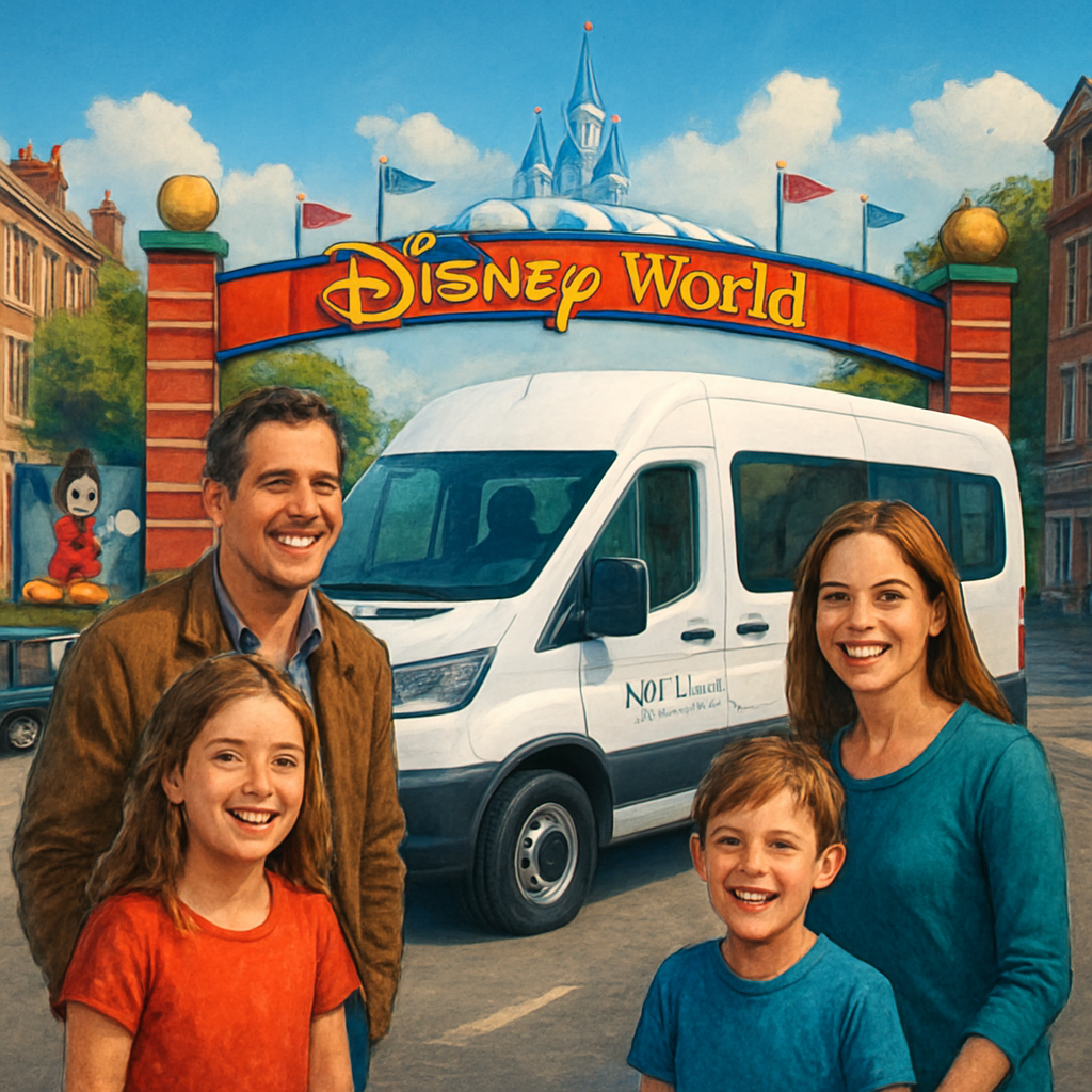 A vibrant illustration of a modern shuttle van pulling up beside a Disney World entrance, with travelers of varied ages smiling in the foreground. Alt: Shuttle van at Disney World entrance.