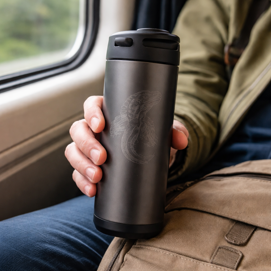 A realistic photo of a traveler holding a sleek insulated travel mug on a train seat, with an abstract iguana sketch faintly visible on the mug surface. Alt: travel coffee mug with iguana design on a commuter’s hand.