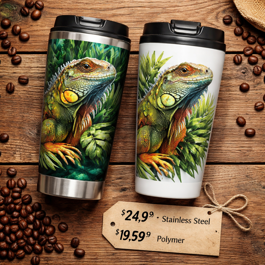 A realistic flat‑lay of two travel mugs side by side on a wooden table, one stainless steel with a vivid iguana print, the other polymer with a matching print, plus a price tag and a coffee bean scatter. Alt: comparison of travel coffee mug with iguana design options and pricing.