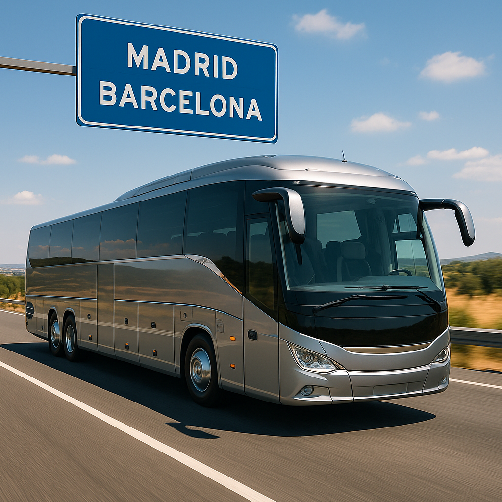 A sleek luxury coach driving along the highway from Madrid to Barcelona, highlighting comfort and style. Alt: Charter bus Madrid to Barcelona luxury coach travel.