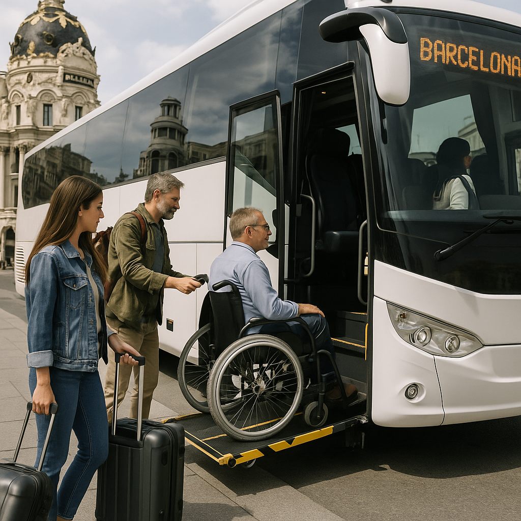 Group of travelers boarding a luxurious, accessible charter bus in Madrid for a trip to Barcelona. Alt: Charter bus Madrid to Barcelona with accessibility support and comfort.