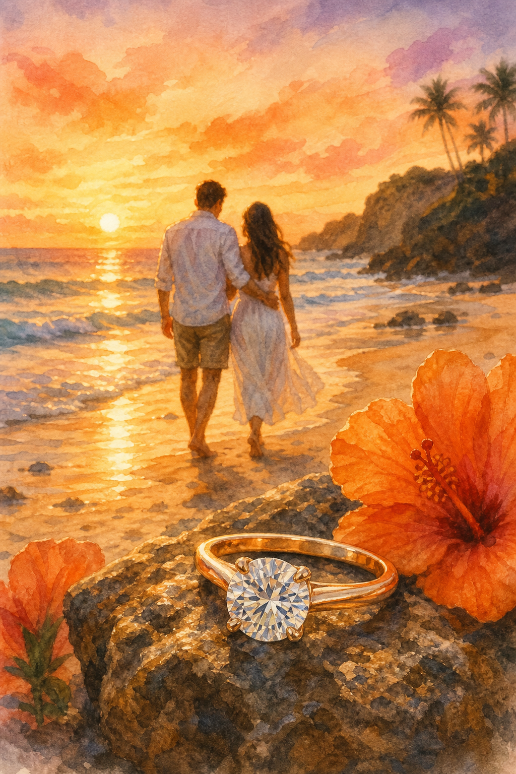 Watercolor scene of a couple on a beach with a sparkling ring, warm sunset colors. Alt: Best travel jewelry accessories , 1 carat cubic zirconia engagement ring from Diamond Veneer