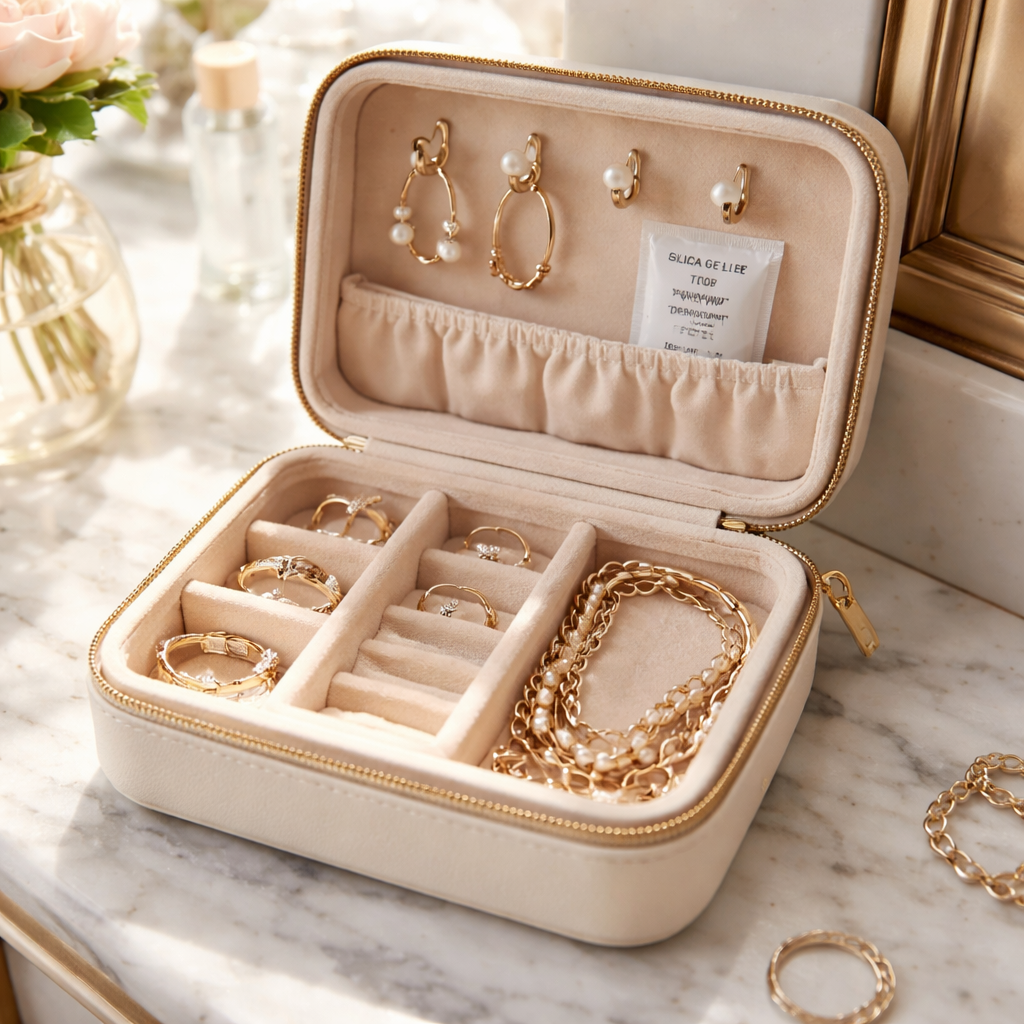 A photorealistic close‑up of a travel jewelry box open on a marble vanity, showing a silica packet, padded compartments, and neatly arranged rings, bracelets and earrings; soft natural light; realism style; appealing to fashionable women travelers.