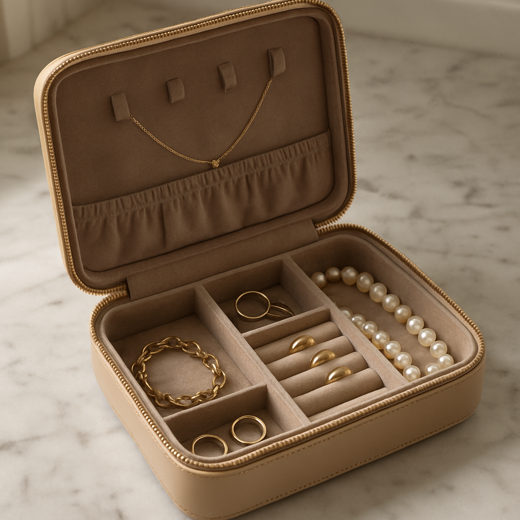 A photorealistic image of an elegant travel jewelry case opened on a marble countertop, showing neatly arranged compartments for necklaces, bracelets, and earrings, with soft natural lighting highlighting the velvet interior. Alt: travel jewelry case with organized compartments for luxury accessories.