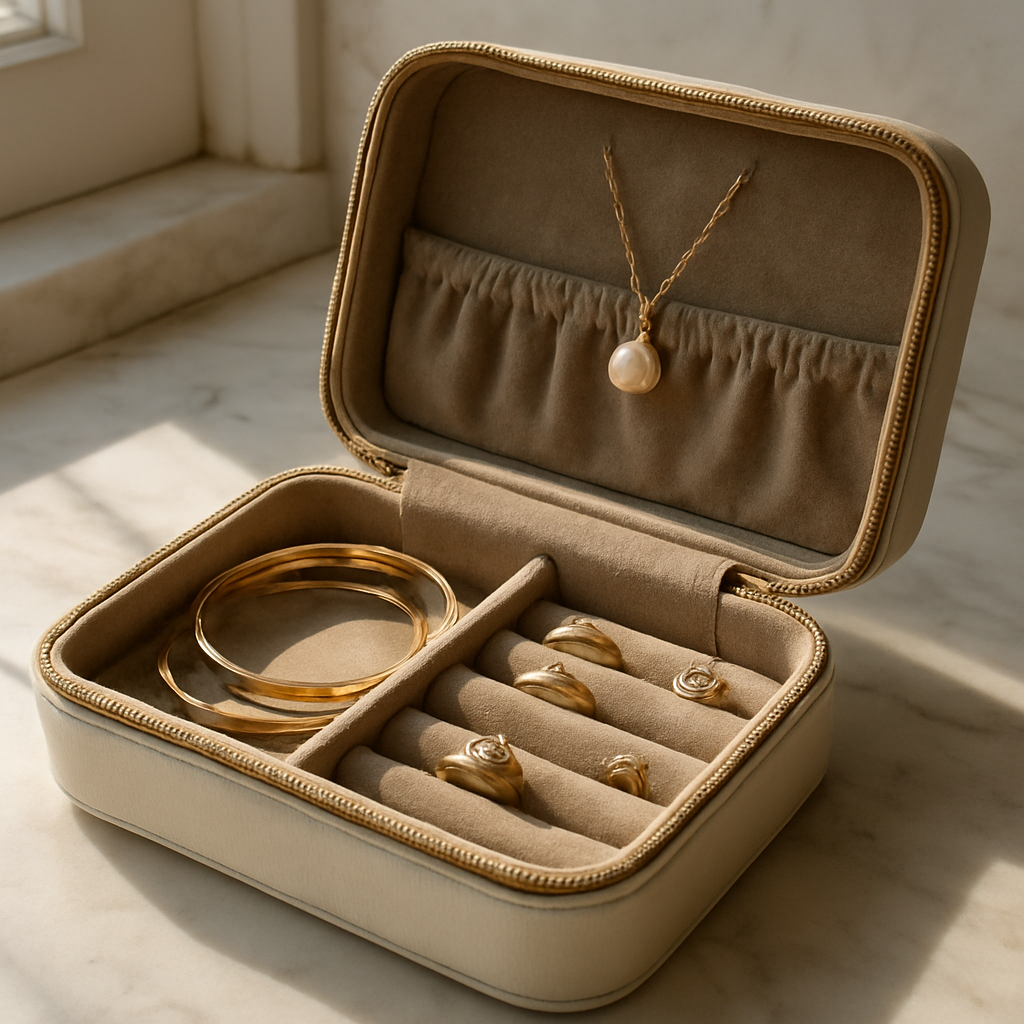 A photorealistic close‑up of an open travel jewelry case on a marble vanity, showing velvet‑lined compartments holding necklaces, bracelets, rings, and earrings; natural daylight streams in, highlighting the luxurious textures; style: Realism; audience: sophisticated women travelers.