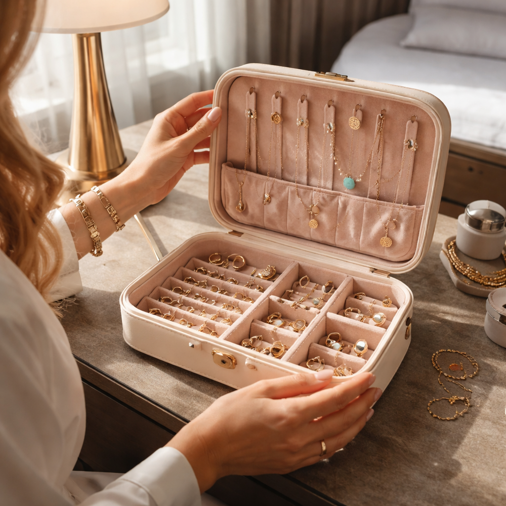 A photorealistic scene of a stylish woman opening a sleek travel jewelry case on a hotel vanity, velvet interior visible, soft morning light, showcasing necklaces, bracelets, and earrings neatly arranged. Alt: travel jewelry case reviews showing organized jewelry inside a luxe case.